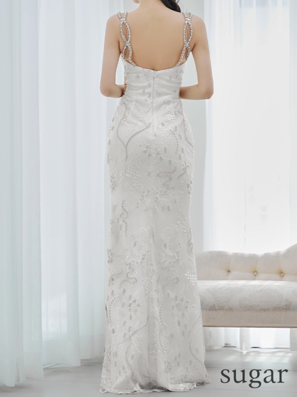 画像9: 【ANGEL R/エンジェルアール】スパンコール/ フラワービジュー/ Vカットメッシュ/ キャミソール/ スリット/ タイト/ ロングドレス/ キャバドレス long[OF2] (9)