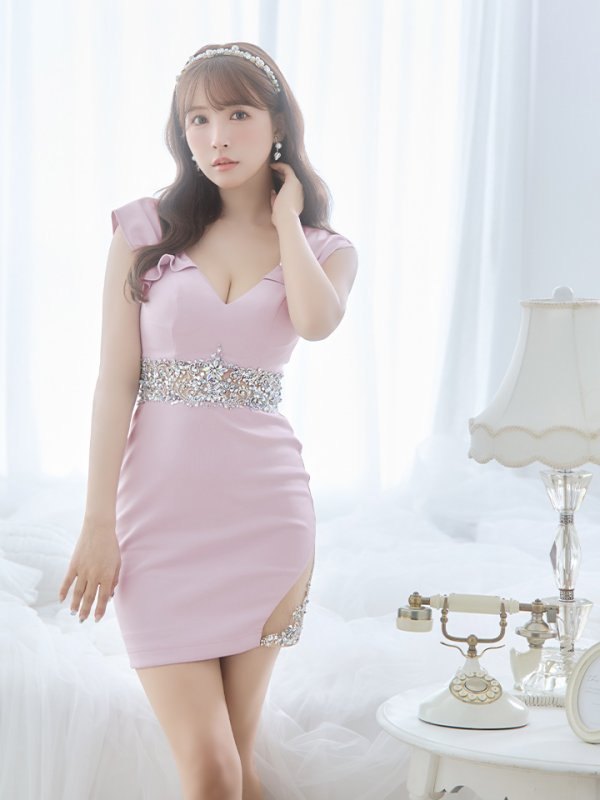 画像18: XSサイズあり【ANGEL R/エンジェルアール】ギャザーショルダー/ ウエストビジュー/ ワンカラー/ タイト/ ミニドレス/ キャバドレス[OF2] (18)