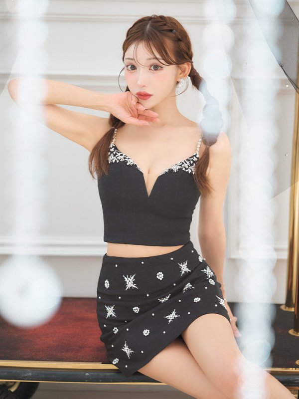 画像14: XSサイズあり【ANGEL R/エンジェルアール】Vカットデザイン/ ビジュー/ セパレート/ フレア/ マイクロミニ/ ミニドレス/ キャバドレス[OF2] (14)