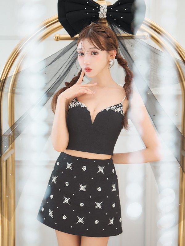 画像17: XSサイズあり【ANGEL R/エンジェルアール】Vカットデザイン/ ビジュー/ セパレート/ フレア/ マイクロミニ/ ミニドレス/ キャバドレス[OF2] (17)