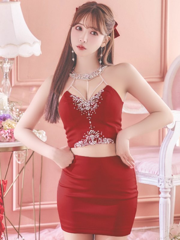 画像2: XSサイズあり【ANGEL R/エンジェルアール】 ホルターネック/ セパレート/ ワンカラー/ ビジュー/ ストレッチ/ ノースリーブ/ タイト/ ミニドレス/ キャバドレス[OF2] (2)