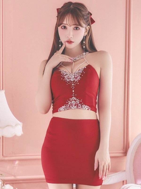 画像4: XSサイズあり【ANGEL R/エンジェルアール】 ホルターネック/ セパレート/ ワンカラー/ ビジュー/ ストレッチ/ ノースリーブ/ タイト/ ミニドレス/ キャバドレス[OF2] (4)