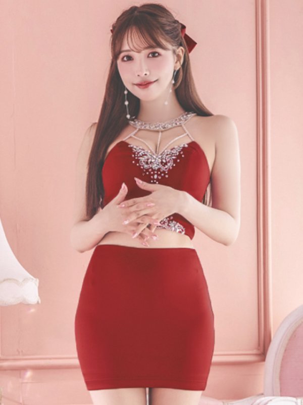 画像6: XSサイズあり【ANGEL R/エンジェルアール】 ホルターネック/ セパレート/ ワンカラー/ ビジュー/ ストレッチ/ ノースリーブ/ タイト/ ミニドレス/ キャバドレス[OF2] (6)