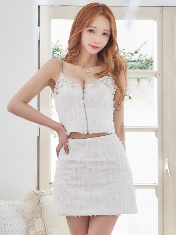 画像5: XSサイズあり【ANGEL R/エンジェルアール】フロントファスナー/ ビジュー/ ツイード/ セパレート/ マイクロミニ/ ミニドレス/ キャバドレス[OF2] (5)