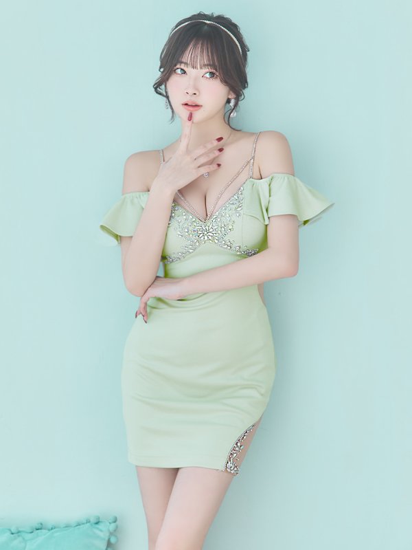 画像3: XSサイズあり【ANGEL R/エンジェルアール】バストショルダービジュー/ フリルオフショルダー/ タイト/ マイクロミニ/ ミニドレス/ キャバドレス[OF2] (3)