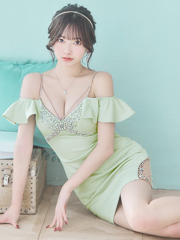 画像4: XSサイズあり【ANGEL R/エンジェルアール】バストショルダービジュー/ フリルオフショルダー/ タイト/ マイクロミニ/ ミニドレス/ キャバドレス[OF2] (4)