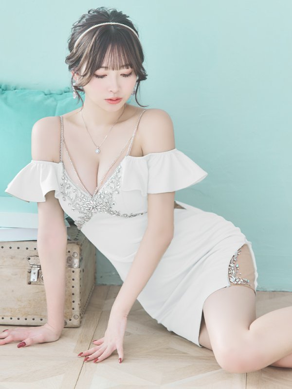 画像17: XSサイズあり【ANGEL R/エンジェルアール】バストショルダービジュー/ フリルオフショルダー/ タイト/ マイクロミニ/ ミニドレス/ キャバドレス[OF2] (17)