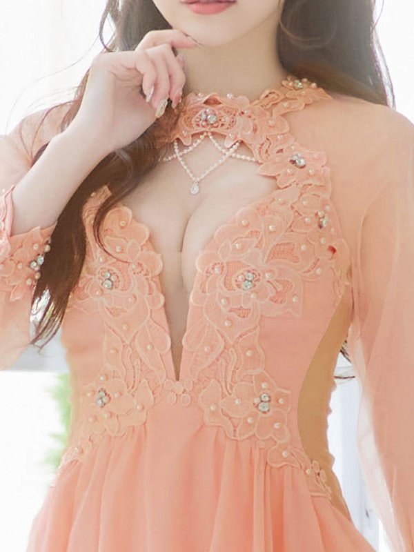 画像16: XSサイズあり【ANGEL R/エンジェルアール】フラワーレース/ ビジュー/ シフォン/ ロングスリーブ/ フレア/ミニドレス/ キャバドレス[OF2] (16)