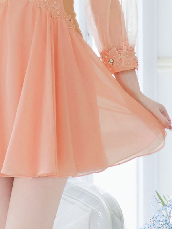 画像17: XSサイズあり【ANGEL R/エンジェルアール】フラワーレース/ ビジュー/ シフォン/ ロングスリーブ/ フレア/ミニドレス/ キャバドレス[OF2] (17)