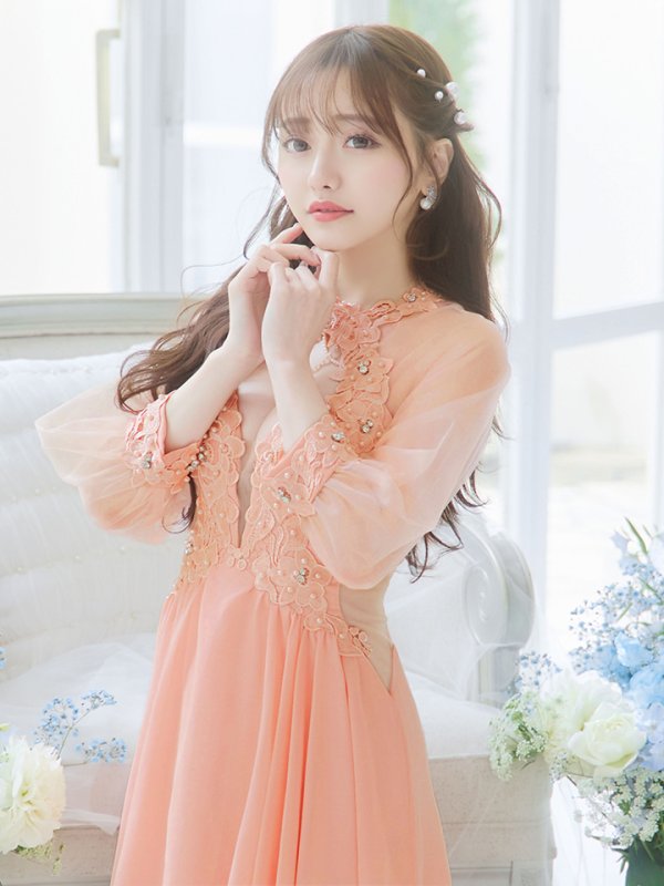 画像10: XSサイズあり【ANGEL R/エンジェルアール】フラワーレース/ ビジュー/ シフォン/ ロングスリーブ/ フレア/ミニドレス/ キャバドレス[OF2] (10)