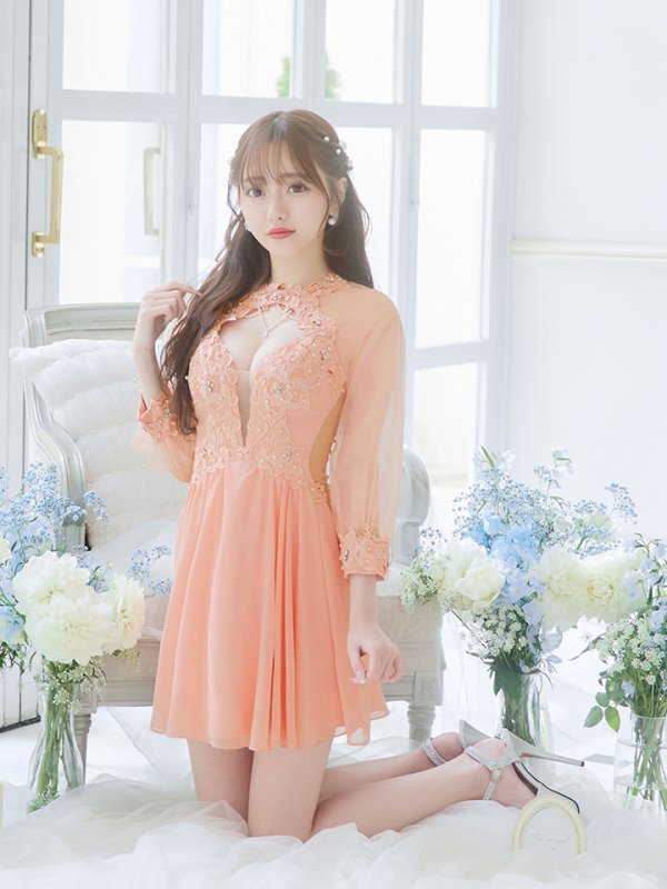 画像11: XSサイズあり【ANGEL R/エンジェルアール】フラワーレース/ ビジュー/ シフォン/ ロングスリーブ/ フレア/ミニドレス/ キャバドレス[OF2] (11)