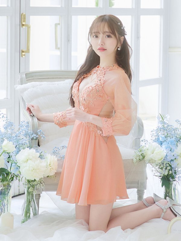 画像12: XSサイズあり【ANGEL R/エンジェルアール】フラワーレース/ ビジュー/ シフォン/ ロングスリーブ/ フレア/ミニドレス/ キャバドレス[OF2] (12)