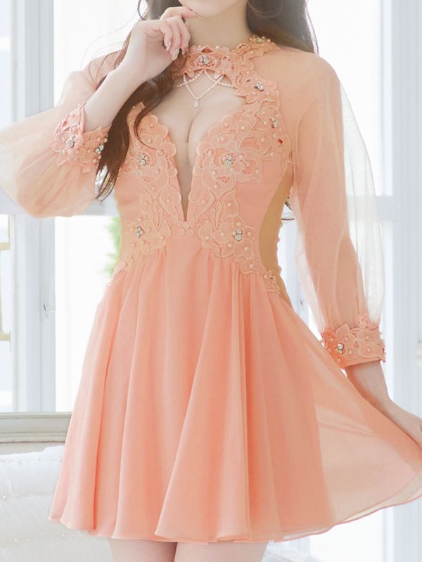 画像14: XSサイズあり【ANGEL R/エンジェルアール】フラワーレース/ ビジュー/ シフォン/ ロングスリーブ/ フレア/ミニドレス/ キャバドレス[OF2] (14)