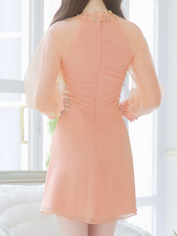 画像15: XSサイズあり【ANGEL R/エンジェルアール】フラワーレース/ ビジュー/ シフォン/ ロングスリーブ/ フレア/ミニドレス/ キャバドレス[OF2] (15)