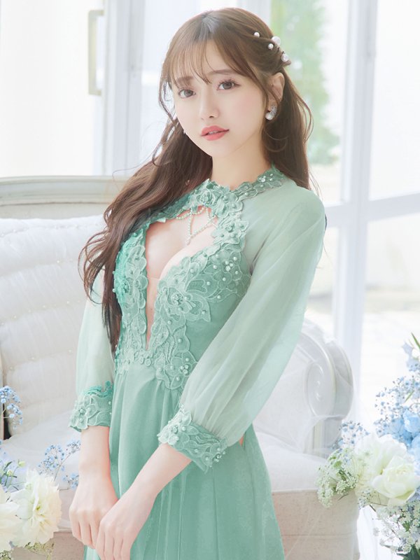 画像5: XSサイズあり【ANGEL R/エンジェルアール】フラワーレース/ ビジュー/ シフォン/ ロングスリーブ/ フレア/ミニドレス/ キャバドレス[OF2] (5)