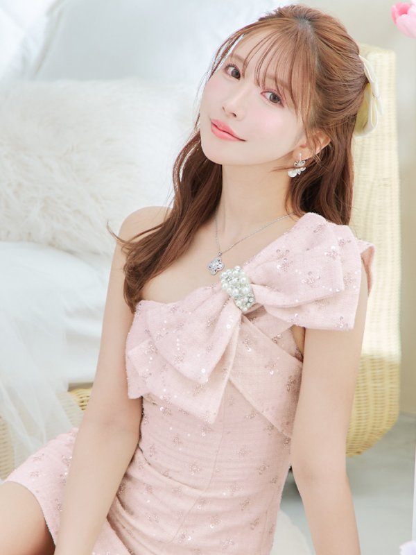 画像18: XSサイズあり【ANGEL R/エンジェルアール】ビッグリボン/ パールビジュー/ ツイード/ スパンコール/ ワンショルダー/ タイト/ ミニドレス/ キャバドレス[OF2] (18)