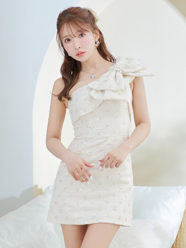 画像4: XSサイズあり【ANGEL R/エンジェルアール】ビッグリボン/ パールビジュー/ ツイード/ スパンコール/ ワンショルダー/ タイト/ ミニドレス/ キャバドレス[OF2] (4)