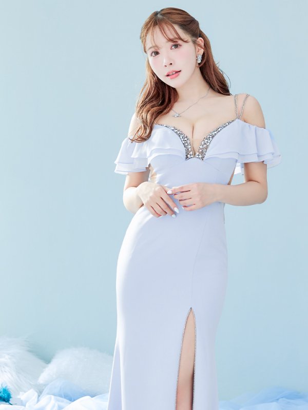 画像3: 【ANGEL R/エンジェルアール】バストビジュー/ オープンフリルショルダー/ スリット/ タイト/ ロングドレス/ キャバドレス long[OF2] (3)