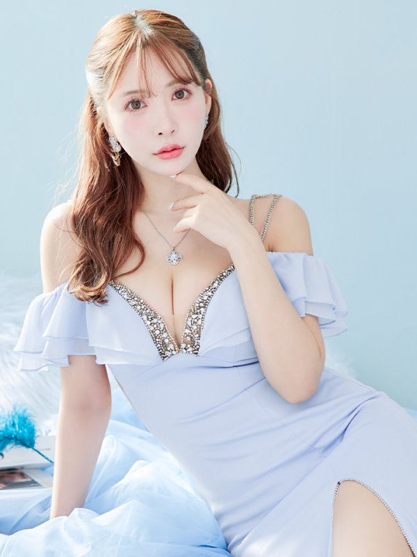 画像5: 【ANGEL R/エンジェルアール】バストビジュー/ オープンフリルショルダー/ スリット/ タイト/ ロングドレス/ キャバドレス long[OF2] (5)