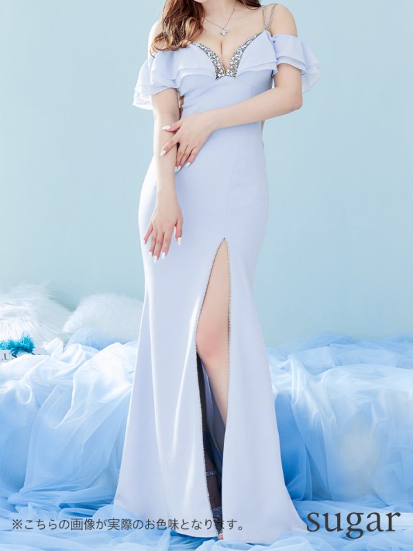 画像8: 【ANGEL R/エンジェルアール】バストビジュー/ オープンフリルショルダー/ スリット/ タイト/ ロングドレス/ キャバドレス long[OF2] (8)