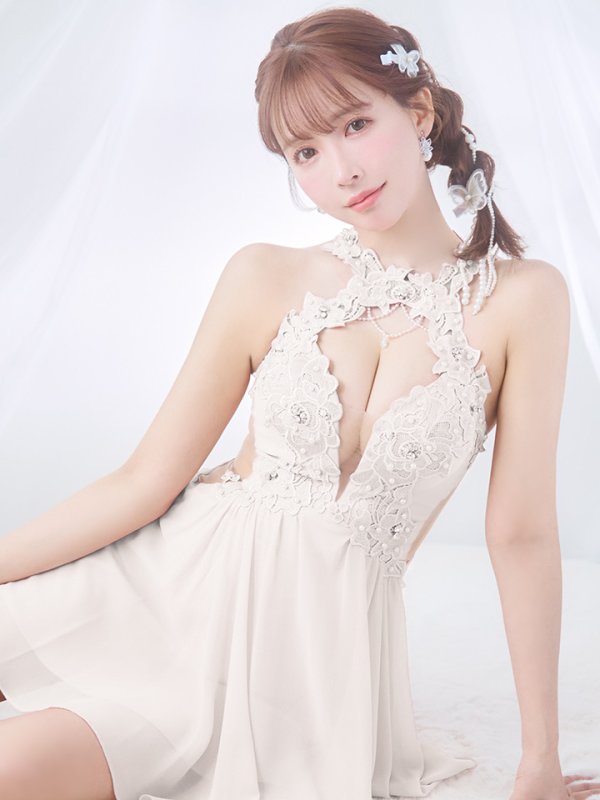 画像2: sugarオリジナルカラー・XSサイズあり【ANGEL R/エンジェルアール】デコルテパールチェーン/ フラワーデザイン/ フレア/ ミニドレス/ キャバドレス[OF2] (2)