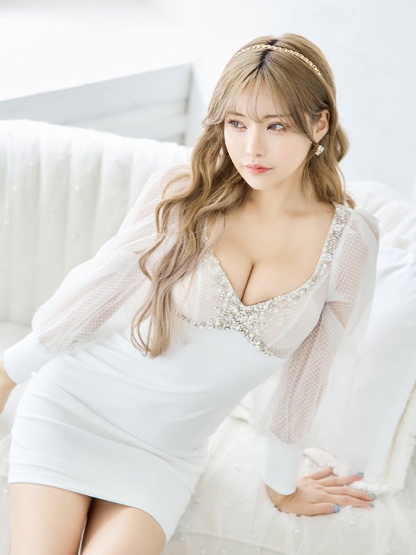 画像11: XSサイズあり【ANGEL R/エンジェルアール】フラワービジュー/ ドットシースルー/ ロングスリーブ/ タイト/ ミニドレス/ キャバドレス[OF2] (11)