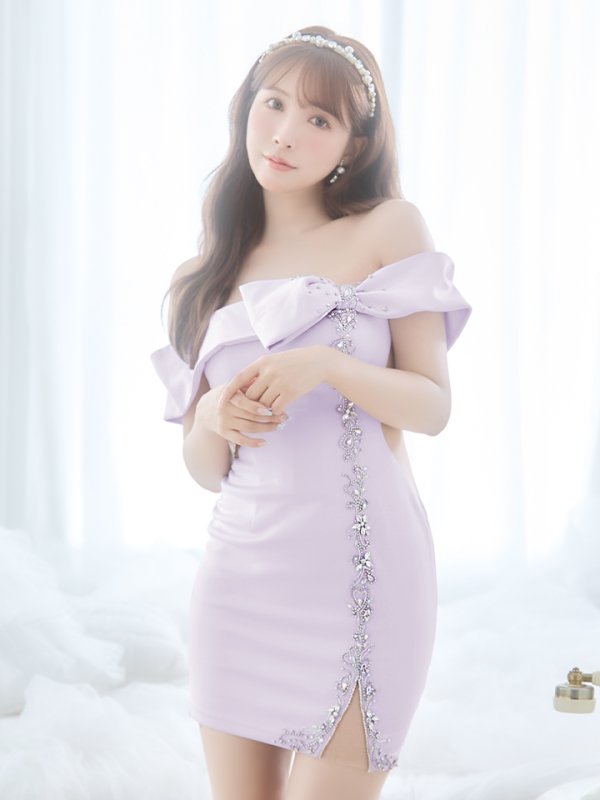 画像18: XSサイズあり【ANGEL R/エンジェルアール】リボンモチーフ/ オフショルダー/ ハートビジューデザイン/ タイト/ ミニドレス/ キャバドレス[OF2] (18)