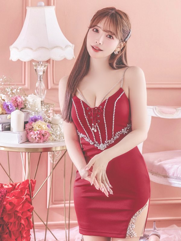 画像11: XSサイズあり【ANGEL R/エンジェルアール】バストレースアップ/ Vウエスト/ ビジュー/ ワンカラー/ シアー/ タイト/ ミニドレス/ キャバドレス[OF2] (11)