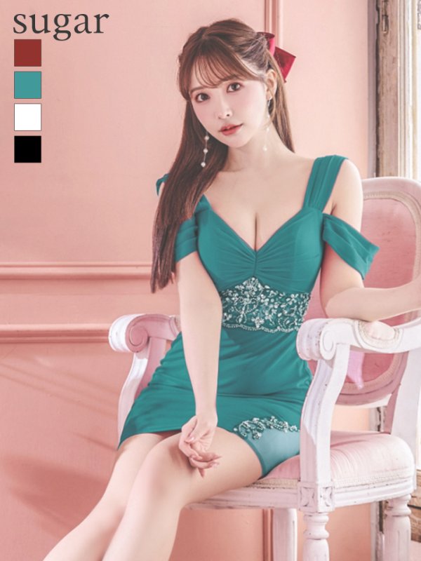 画像1: XSサイズあり【ANGEL R/エンジェルアール】シフォンスリーブ/ フラワーデザイン/ ビジュー/ ワンカラー/ オフショルダー/ タイト/ ミニドレス/ キャバドレス[OF2] (1)