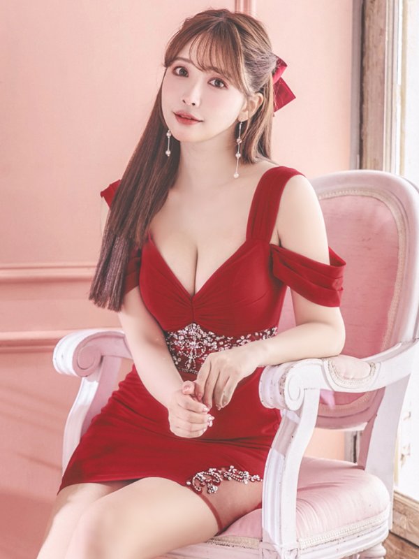 画像14: XSサイズあり【ANGEL R/エンジェルアール】シフォンスリーブ/ フラワーデザイン/ ビジュー/ ワンカラー/ オフショルダー/ タイト/ ミニドレス/ キャバドレス[OF2] (14)