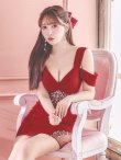 画像6: XSサイズあり【ANGEL R/エンジェルアール】シフォンスリーブ/ フラワーデザイン/ ビジュー/ ワンカラー/ オフショルダー/ タイト/ ミニドレス/ キャバドレス[OF2] (6)