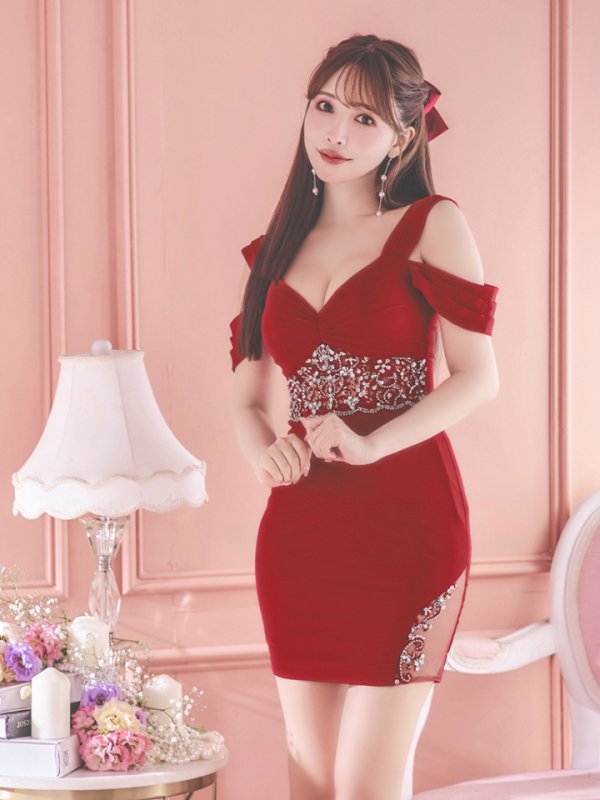 画像19: XSサイズあり【ANGEL R/エンジェルアール】シフォンスリーブ/ フラワーデザイン/ ビジュー/ ワンカラー/ オフショルダー/ タイト/ ミニドレス/ キャバドレス[OF2] (19)