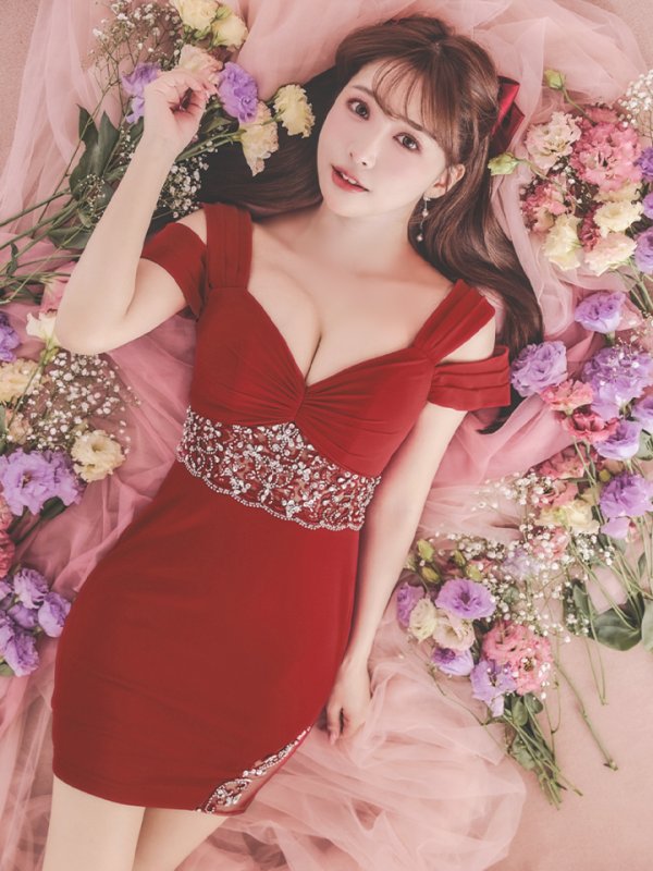 画像24: XSサイズあり【ANGEL R/エンジェルアール】シフォンスリーブ/ フラワーデザイン/ ビジュー/ ワンカラー/ オフショルダー/ タイト/ ミニドレス/ キャバドレス[OF2] (24)