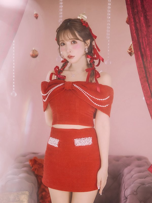 画像8: XSサイズあり【ANGEL R/エンジェルアール】リボンオフショルダー/ パールチェーン/ ツイード/ セパレート/ マイクロミニドレス/ キャバドレス[OF2] (8)