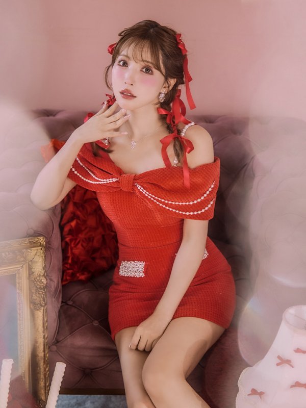 画像10: XSサイズあり【ANGEL R/エンジェルアール】リボンオフショルダー/ パールチェーン/ ツイード/ セパレート/ マイクロミニドレス/ キャバドレス[OF2] (10)