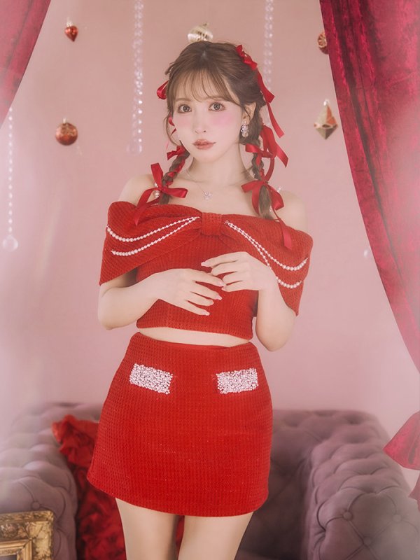 画像11: XSサイズあり【ANGEL R/エンジェルアール】リボンオフショルダー/ パールチェーン/ ツイード/ セパレート/ マイクロミニドレス/ キャバドレス[OF2] (11)