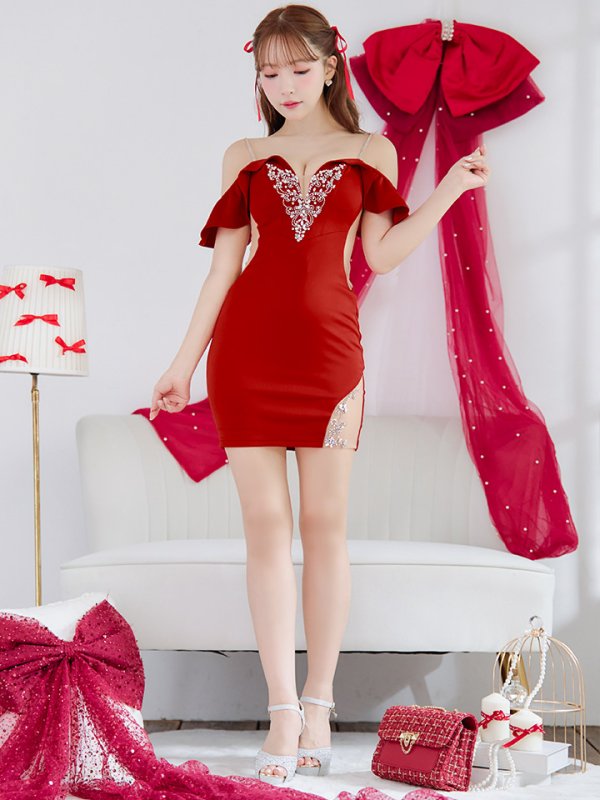 画像2: XSサイズあり【ANGEL R/エンジェルアール】フリルスリーブ/ Vカット/ フロントビジュー/ メッシュ/ タイト/ミニドレス/ キャバドレス[OF2] (2)