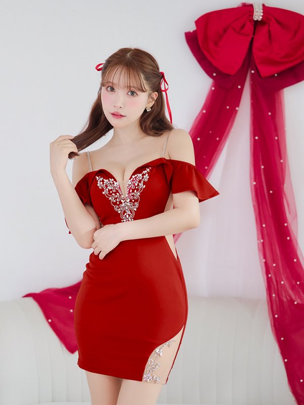 画像3: XSサイズあり【ANGEL R/エンジェルアール】フリルスリーブ/ Vカット/ フロントビジュー/ メッシュ/ タイト/ミニドレス/ キャバドレス[OF2] (3)