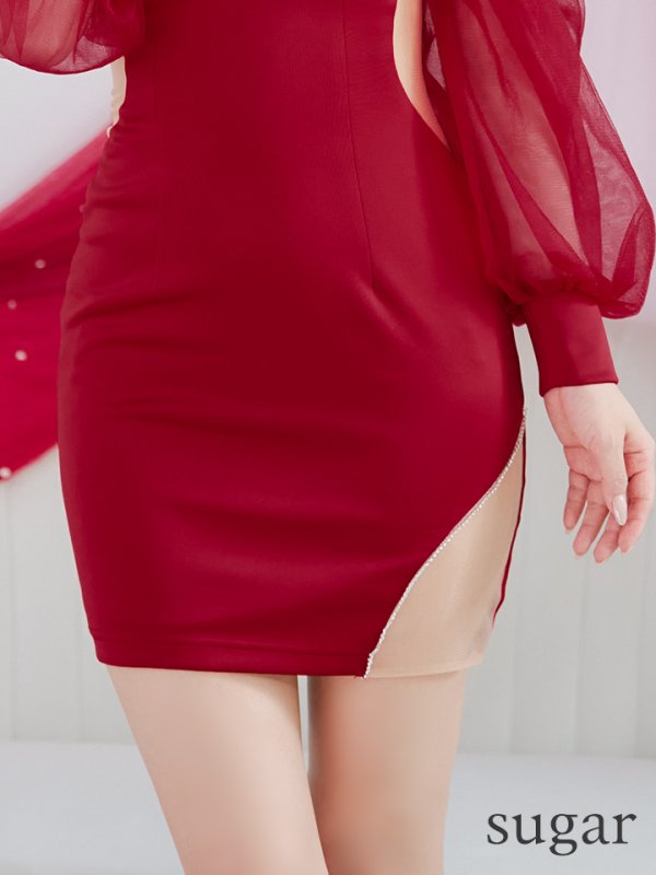 画像18: XSサイズあり【ANGEL R/エンジェルアール】シフォンロングスリーブ/ フラワーレース/ ビジュー/ タイト/ ミニドレス/ キャバドレス[OF2] (18)