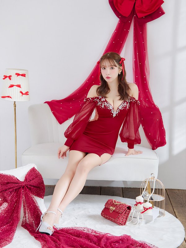 画像11: XSサイズあり【ANGEL R/エンジェルアール】シフォンロングスリーブ/ フラワーレース/ ビジュー/ タイト/ ミニドレス/ キャバドレス[OF2] (11)