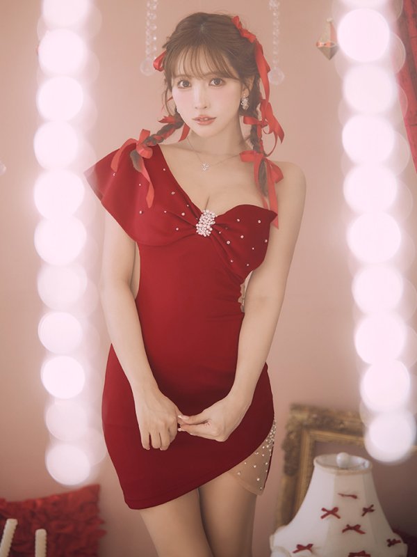 画像2: XSサイズあり【ANGEL R/エンジェルアール】ワンショルダーリボンデザイン/ パール/ ビジュー/ タイト/ ミニドレス/ キャバドレス[OF2] (2)