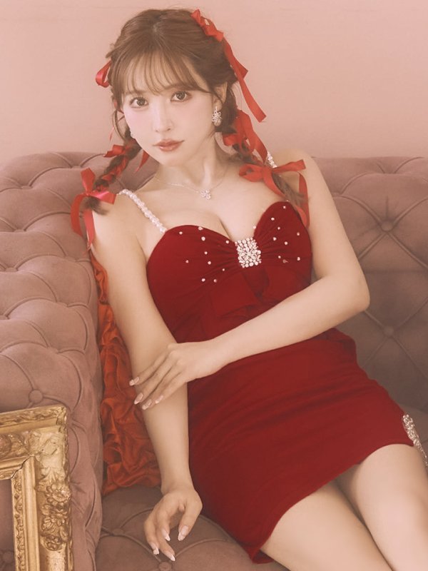 画像12: XSサイズあり【ANGEL R/エンジェルアール】フロントリボンデザイン/ フリル/ パールショルダー/ ビジュー/ ミニドレス/ キャバドレス[OF2] (12)