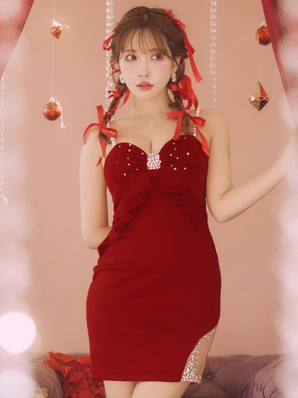 画像13: XSサイズあり【ANGEL R/エンジェルアール】フロントリボンデザイン/ フリル/ パールショルダー/ ビジュー/ ミニドレス/ キャバドレス[OF2] (13)