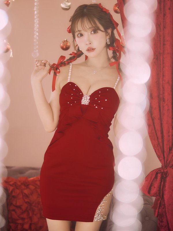 画像15: XSサイズあり【ANGEL R/エンジェルアール】フロントリボンデザイン/ フリル/ パールショルダー/ ビジュー/ ミニドレス/ キャバドレス[OF2] (15)