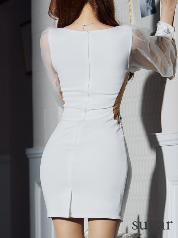 画像14: XS-Lサイズあり【ANGEL R/エンジェルアール】アシンメトリーデザイン/ フラワーレース/ ロングスリーブ/ タイト/ ミニドレス/ キャバドレス[OF2] (14)