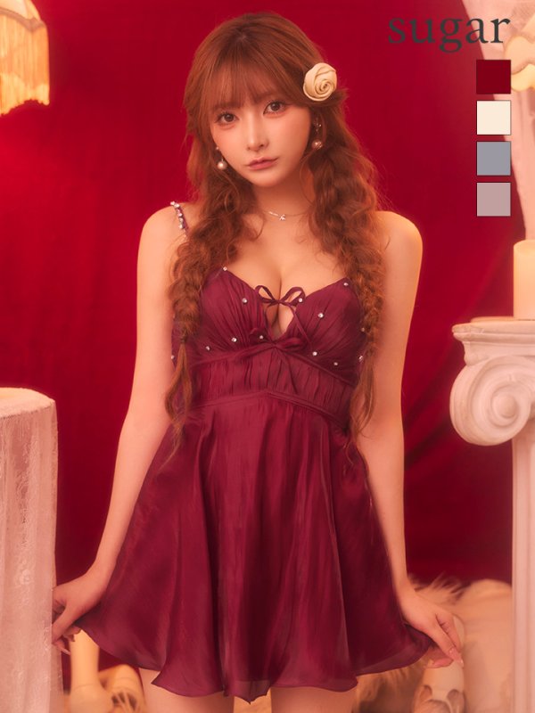 【ANGEL R/エンジェルアール】ノースリーブ/ Vカット/ リボン/ ビジュー/ ウエストマーク/ フレア/ マイクロミニドレス/ キャバドレス