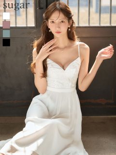 【ANGEL R/エンジェルアール】アッパーフラワーデザイン/ ウエストマーク/ ビジュー/ シフォン/ フレア/ ワンピース/ ミディアムドレス/ キャバドレス