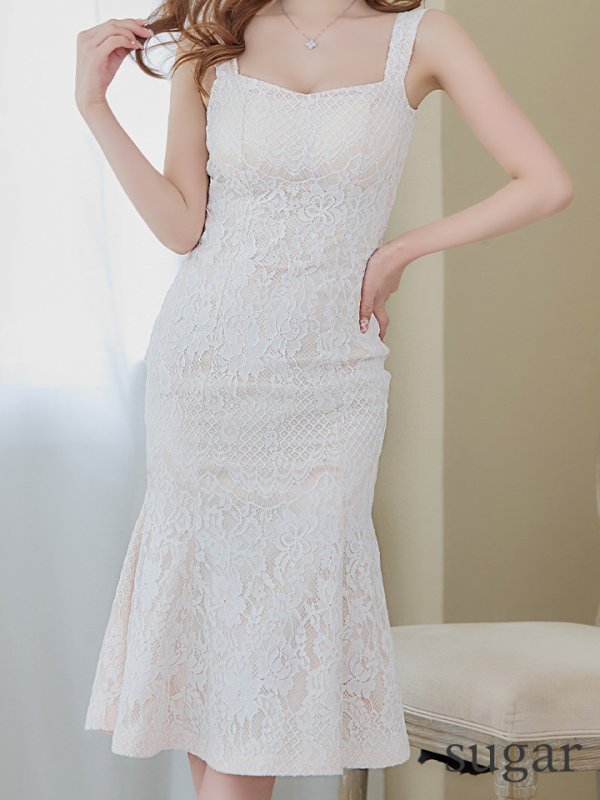 画像8: 【ANDY/アンディ】マーメイド/ 総レース/ スクエアネック/ 裾フリル/ ひざ丈/ ワンピース/ ミディアム/ キャバドレス[OF05] (8)