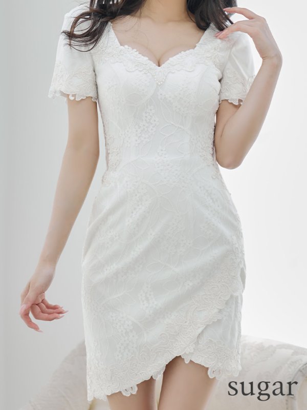 画像8: 【Lip line/リップライン】フラワーレース/ 半袖/ 袖あり/ ワンカラー/ サイドシアー/ タイト/ ミニドレス / キャバドレス[HC03] (8)