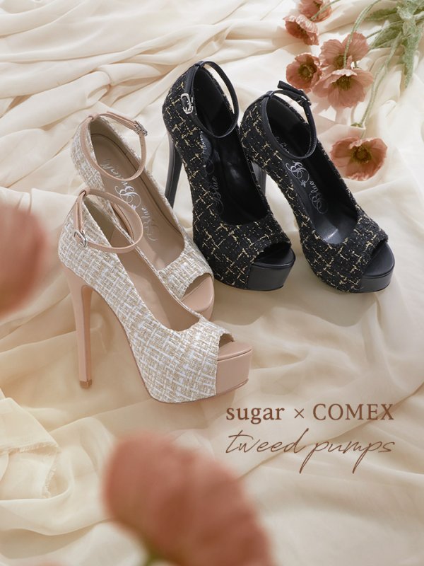 画像2: sugarコラボ商品☆【COMEX】 2color/ 14.5cmヒール/ ツイードパンプス/ オープントゥパンプス/ ハイヒール/ ピンヒール/ プラットフォーム/ パンプス[OF02] (2)